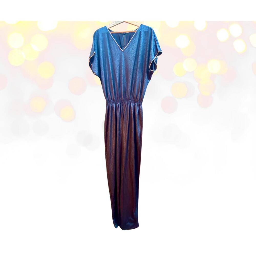 Vintage Women's V-Neck 80's Silky Jumpsuit With Gold Trim & Elastic Waist size L